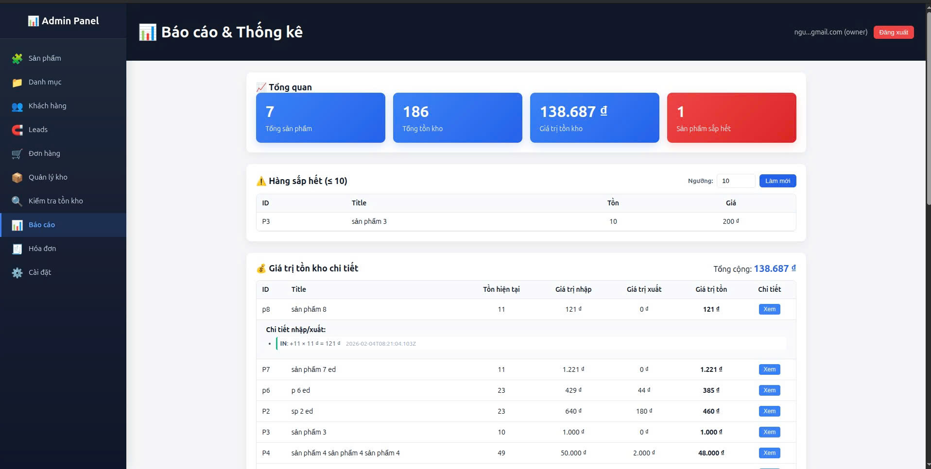 Quản lý Kho hàng - Nhập xuất tồn